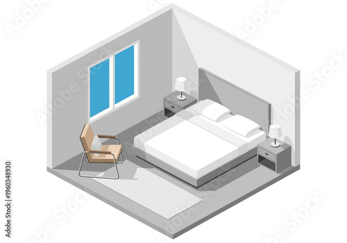 Isometric bedroom illustration with a comfortable bed, nightstands, and a window view