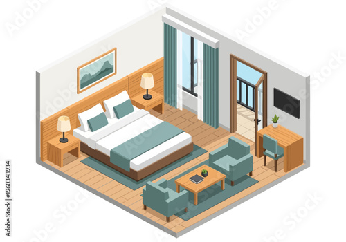 Cozy hotel room with a bed, seating area, and desk, featuring a modern isometric design