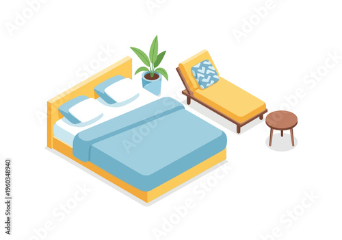 Cozy Bedroom Interior Scene with Bed, Lounge Chair, and Potted Plant