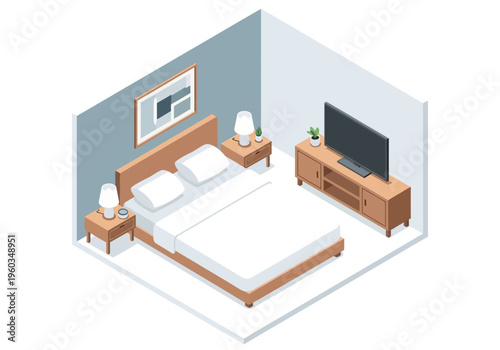 Isometric bedroom interior design with modern furniture and entertainment center