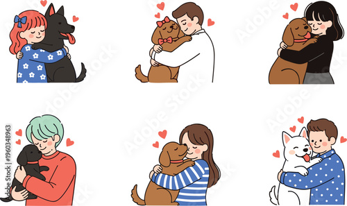 Set of cute flat vector characters hugging and loving their pet dogs featuring men and women with different dog breeds for animal welfare and pet care concepts