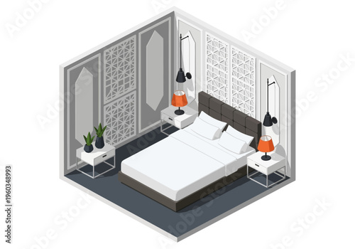 Cozy Isometric Bedroom Interior Design with Bed, Nightstands, and Lamps