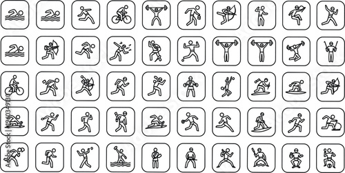 Large collection of sports and Olympic line icons set featuring athlete silhouettes participating in swimming cycling weightlifting archery athletics and various competitive summer games.