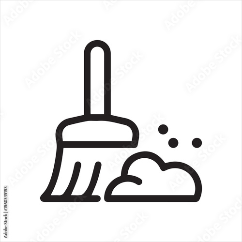 Thin Outline Icon Broom, Besom or Short Brush of Bound Straw Near a Pile of Garbage. Such Line sign as Cleaning Garbage, Cleanup, Sweeping. Vector Computer Pictograms White Background Editable Stroke.