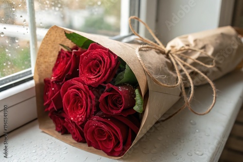 A bouquet of red roses is sitting on a window sill