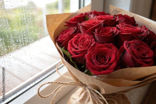 A bouquet of red roses is sitting on a window sill