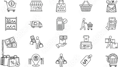 Set of flat vector shopping icons and e-commerce symbols featuring grocery carts delivery trucks price tags and mobile payments for retail business and online store design