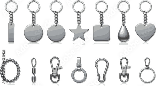 Set of realistic metallic keychain templates and silver hardware components featuring various shapes and clasp styles for branding product mockups and promotional gift designs
