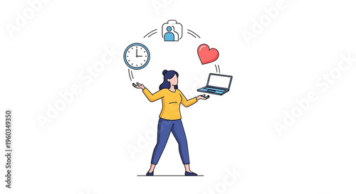 A woman in a yellow shirt and blue pants juggles a clock, a user profile icon, a heart, and a laptop, symbolizing multitasking and work-life balance in a modern lifestyle.