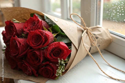A bouquet of red roses is sitting on a window sill