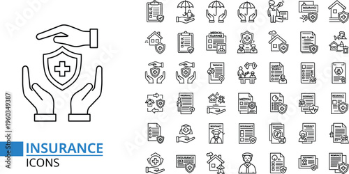 Comprehensive collection of insurance line icons featuring medical protection health coverage life security home safety property guard financial shield and risk management symbols.