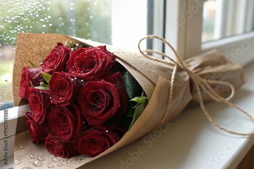 A bouquet of red roses is sitting on a window sill