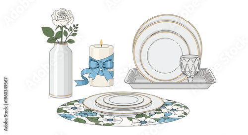 Flat lay of elegant dinnerware and table decorations on a white background with floral accents.