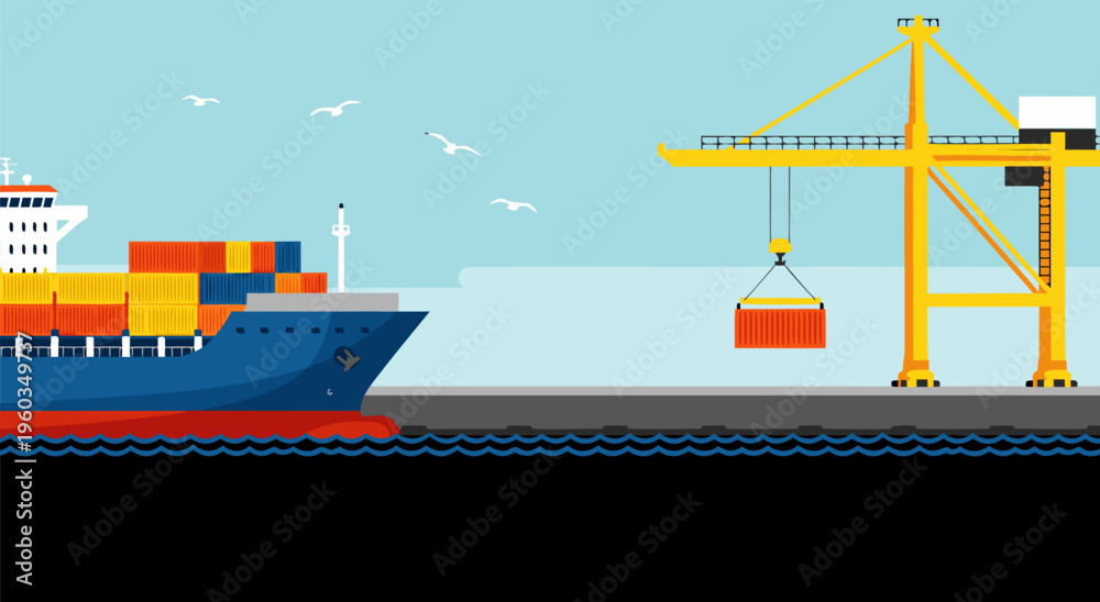 Fototapeta premium Commercial shipping and cargo loading at port, a vector illustration of international logistics and supply chain management operations