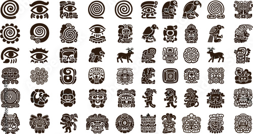 Large collection of ancient Mayan glyphs and tribal Aztec symbols featuring hand drawn ethnic icons for historical research mystical branding and cultural decorative patterns