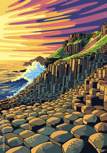Striking Vector Illustration of Giant's Causeway Hexagonal Basalt Columns Meeting the Ocean under a Vibrant Sunset Sky