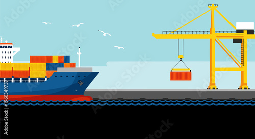 Commercial shipping and cargo loading at port, a vector illustration of international logistics and supply chain management operations