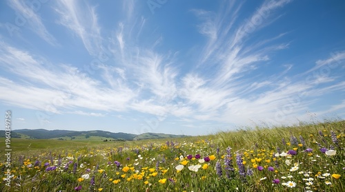 Vibrant Wildflower Meadow Blooming Under A Bright Blue Sky With Whispy Clouds And Rolling Green Hills