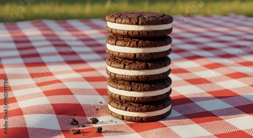 Stacked Chocolate Cream Sandwich Cookies On Red And White Picnic Blanket Outdoors