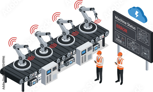Isometric illustration of automated manufacturing line with robotic arms, conveyor belt, workers, digital display showing machine error, artwork concept for industry, technology, robotics, and system