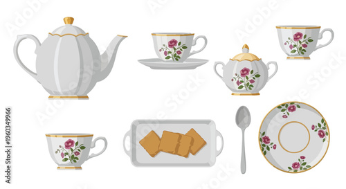 Flat lay of a white and gold floral tea set with biscuits on a clean white background.