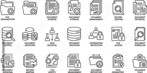 Large collection of document management icons featuring data storage file organization information security and digital archiving symbols for corporate business software and IT infrastructure projects