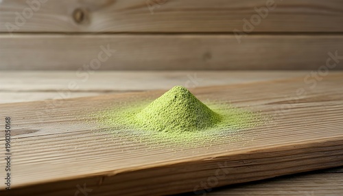 Vibrant Green Powder Mound on Rustic Wooden Board with Blurred Background