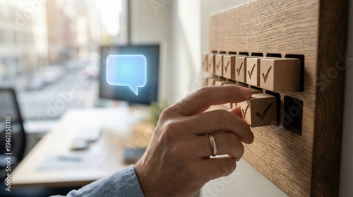 Wallpaper Mural A hand places a wooden checkmark block into a tracker as a digital message icon floats nearby. Torontodigital.ca