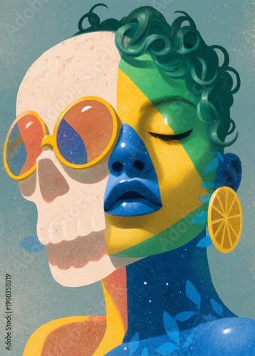 Edgy Brazilian summer festival concept. Split portrait featuring a skull with retro sunglasses and a woman with Brazil flag face paint. Bold editorial illustration for carnival or music events.
