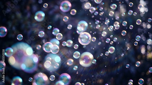 Colorful Iridescent Soap Bubbles Floating Against a Dark Blurred Background