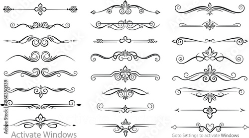Large collection of elegant black ornamental dividers and vintage flourishes featuring decorative swirls and floral elements for wedding invitations book design and luxury branding