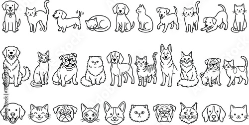 Detailed black and white line art pet icon set featuring various dog and cat breeds and heads,