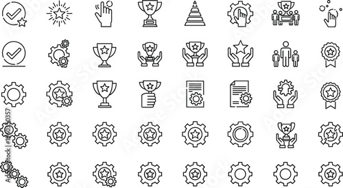 Large collection of flat vector icons featuring trophies gears and star achievement symbols for business performance quality management and gamification reward systems