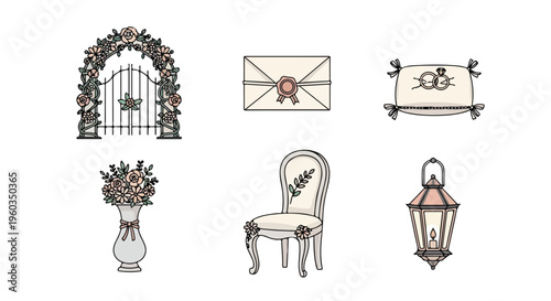 Illustration of various wedding decorations including a floral arch, vase, chair, lantern, and stationery on a white background.