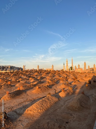 Aerial view of Al-Baqi Cemetery and the Prophet's Mosque in Medina, Saudi Arabia