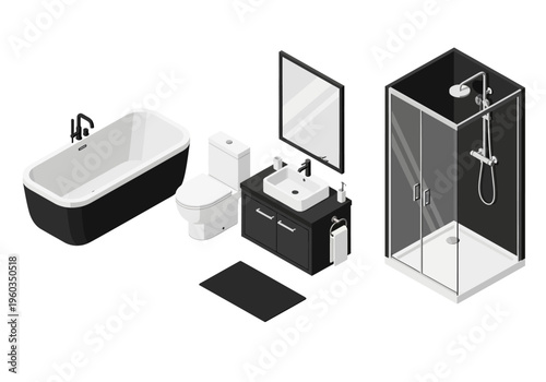 Modern bathroom fixtures including a freestanding tub, toilet, vanity, and glass shower enclosure