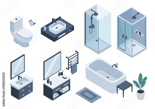 Isometric bathroom furniture and accessories collection, clean design, modern vector illustrations
