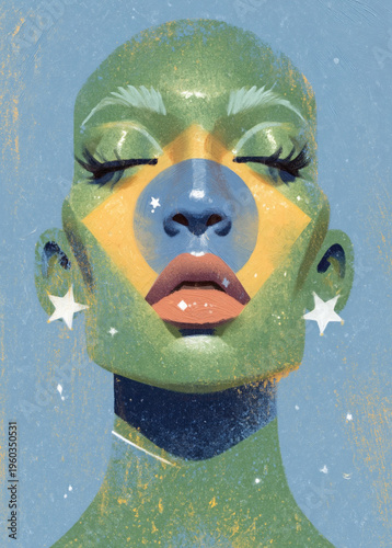 Deep Brazilian identity and patriotism concept. Close-up portrait of a woman with her face painted in the vibrant colors of the Brazil flag. Artistic editorial illustration for sports or culture.