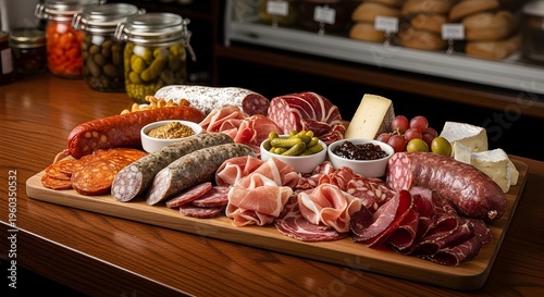 Gourmet Charcuterie Board With Assortment Of Cured Meats And Cheeses Served On Wooden Platter In Deli Setting