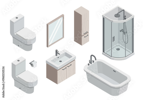 Collection of isometric bathroom fixtures including toilets, sink, mirror, cabinet, shower, and bathtub