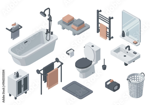 Collection of bathroom furniture and accessories in isometric view, modern design