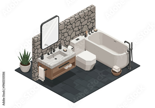 Isometric bathroom interior design with modern fixtures and stone accent wall