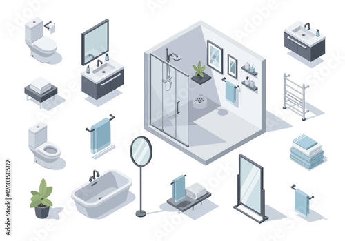Isometric 3D illustration of a modern bathroom interior design with fixtures and accessories