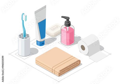 Bathroom essentials including toothbrush, toothpaste, soap, towel, and toilet paper