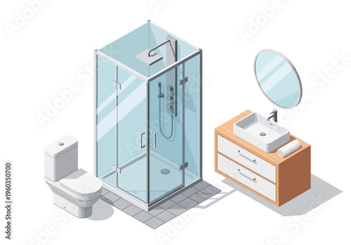 Isometric 3D rendering of a modern bathroom interior with shower, toilet, and vanity