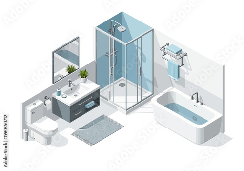 Modern bathroom interior design with bathtub, shower cabin, toilet, and sink, isometric view