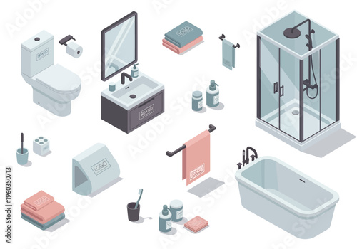 Collection of bathroom furniture and accessories in a clean, modern isometric style