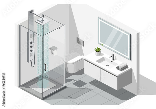 Modern Isometric Bathroom With Shower, Vanity, And Toilet