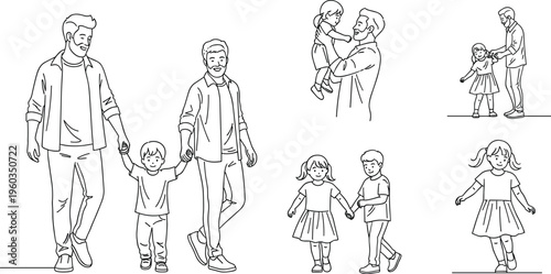 father, children, family, dad, son, walking, playing, together, care, relationship, people, lifestyle, home, happy, outline, lineart, character, vector, illustration, design, set, collection, minimal,