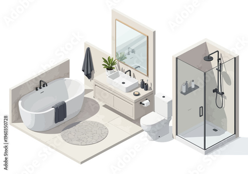 Modern Bathroom Design With Bathtub, Toilet, Sink, and Shower Stall